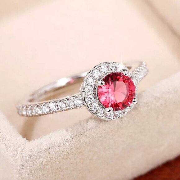 NEW 14k White Gold Ruby Diamond Ring Halo Round Cut - Picture 4 of 8